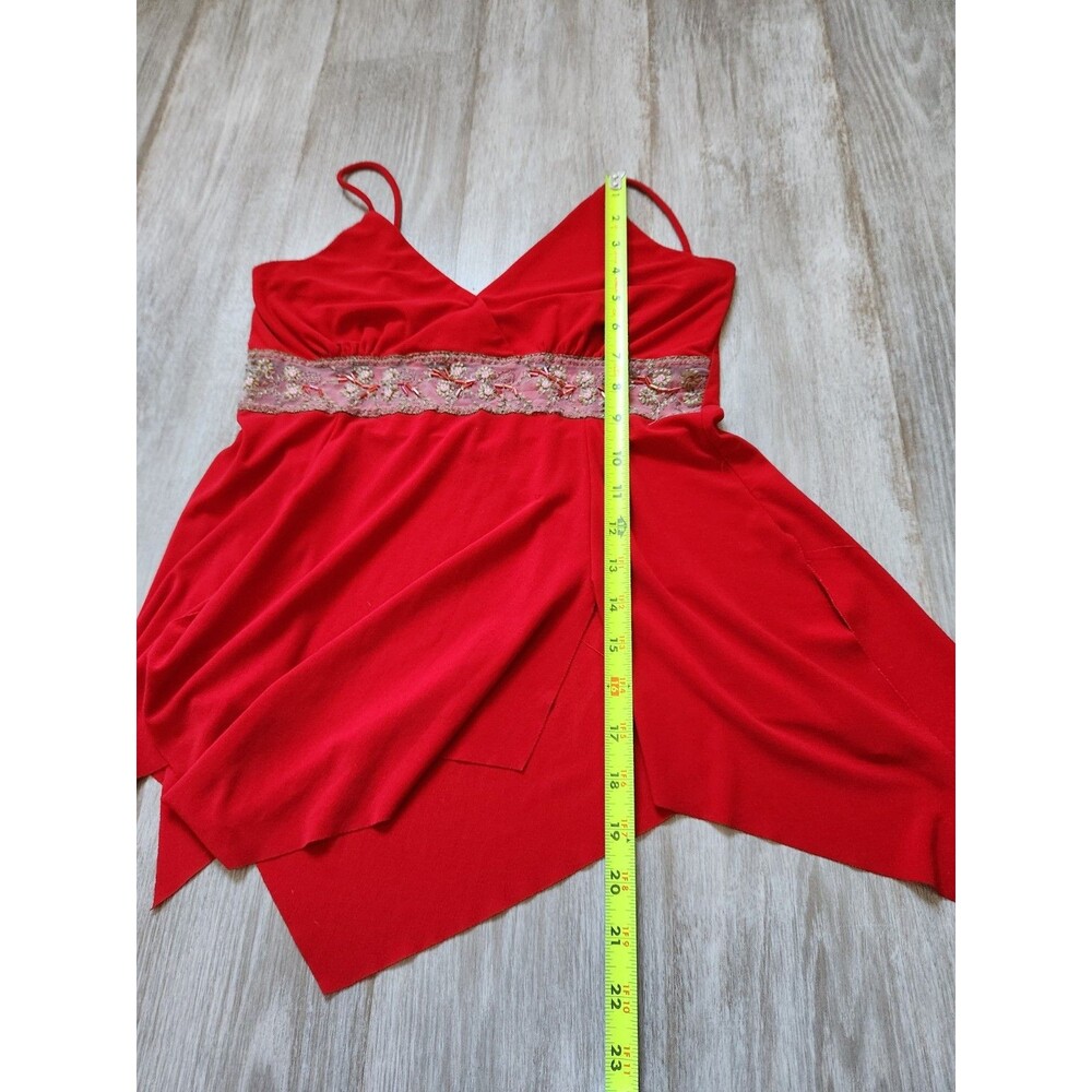 VTG Mint Red Handkerchief Hem Tank Blouse Embroidered Sheer Trim Y2K Sz S - Picture 7 of 8